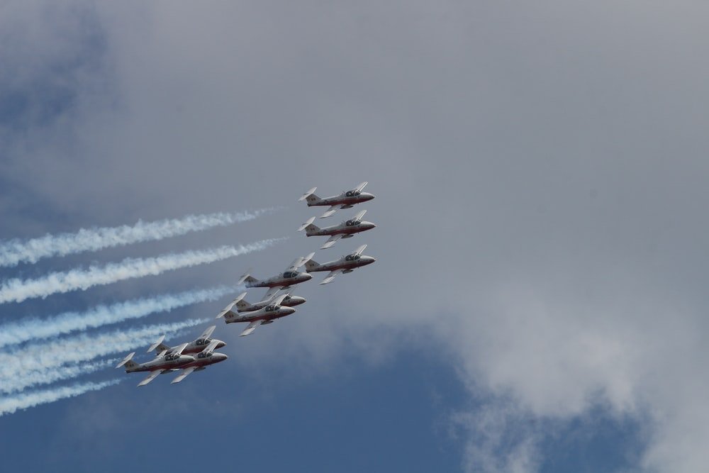 blue and red jet plane in the sky